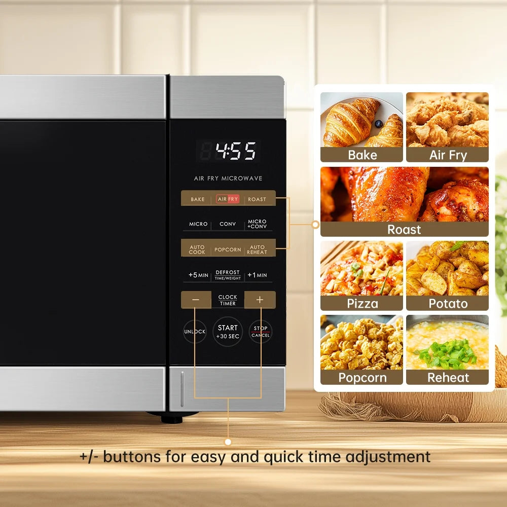 0.9 Cu Ft Air Fry Countertop Microwave, 900 Watts, Stainless Steel, New
