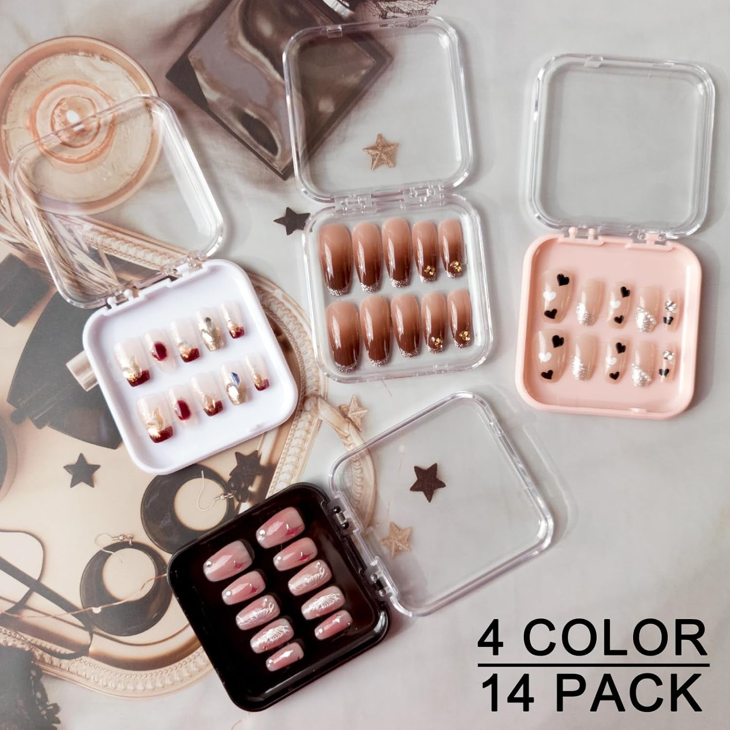 14 Pcs Press on Nail Packaging Box Press on Nail Storage Box for Press Ons with 60 Pcs Adhesive Double Sided Tape for Fake Nail Storage Case Nail Display Nail Salon Supplies Nail Art Nail Business