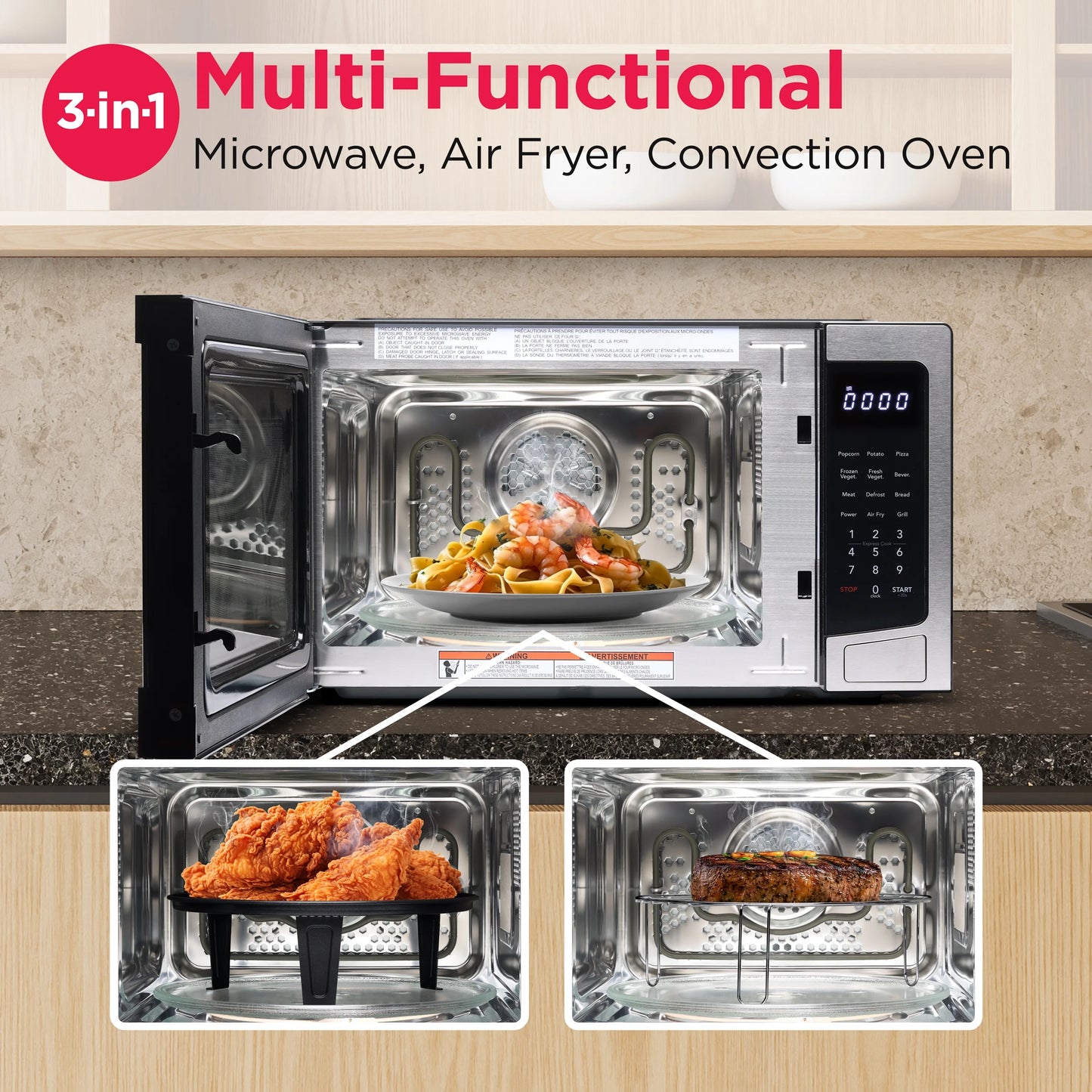 3-In 1 Countertop Microwave Oven / Air Fryer / Convection, 1.1 Cu. Ft., Stainless Steel