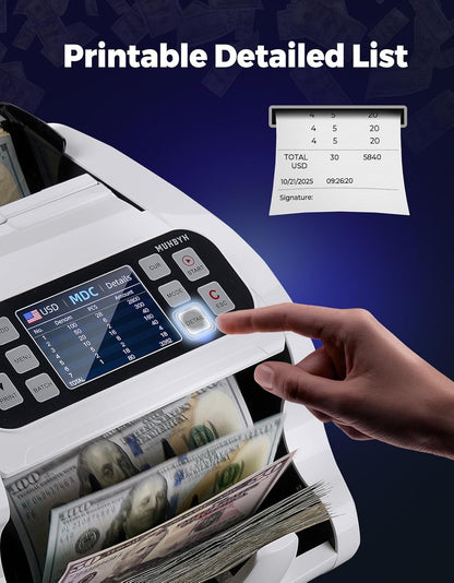 MUNBYN IMC22 Money Counter Machine Mixed Denomination, Dual-Display, CIS/UV/IR/MG Counterfeit Detection Bill Counter, USD, MXN, COP, CAD Cash Counter for Business, Merchant, 2Y Protect (White)
