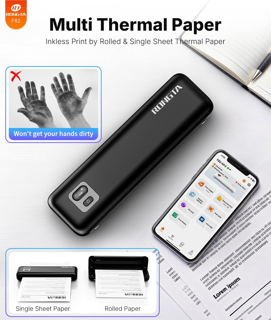 Rongta Portable Printer Wireless for Travel, Thermal Inkless Printers for 8.5"*11" US Letter, Compatible with Android Ios Smartphone, Mac Windows Laptop for Office, Home, Travel (Black)