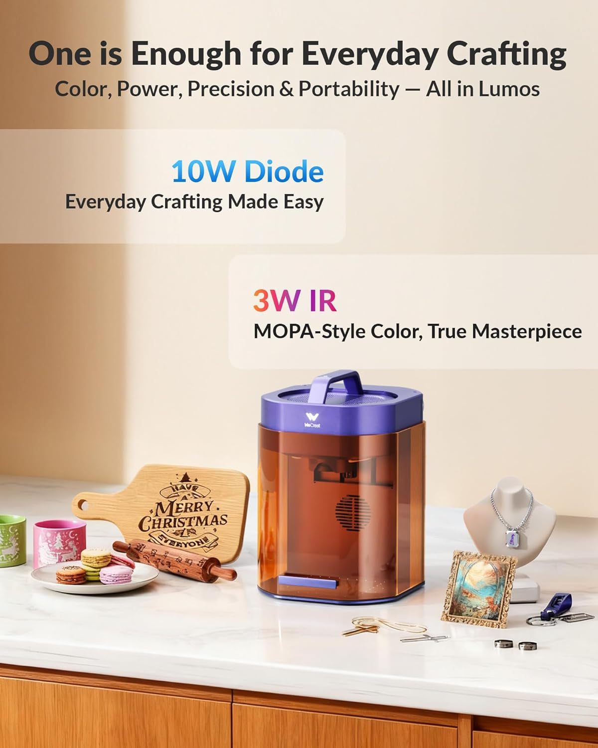 Lumos Dual (3W IR+10W Diode) Laser Engraver, with Handheld Protective Cone, 20.5” Extension, Rotary Pro, Fume Extractor, 4000Mm/S Speed, for DIY Tumbler Jewelry, Colorful Metal, Craft Fair