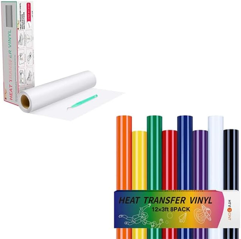 Heat Transfer Vinyl White HTV Rolls - 12" X 20Ft White Iron on Vinyl+Htv Heat Transfer Vinyl Bundle - 8 Pack 12" X 3FT HTV Vinyl for T-Shirts