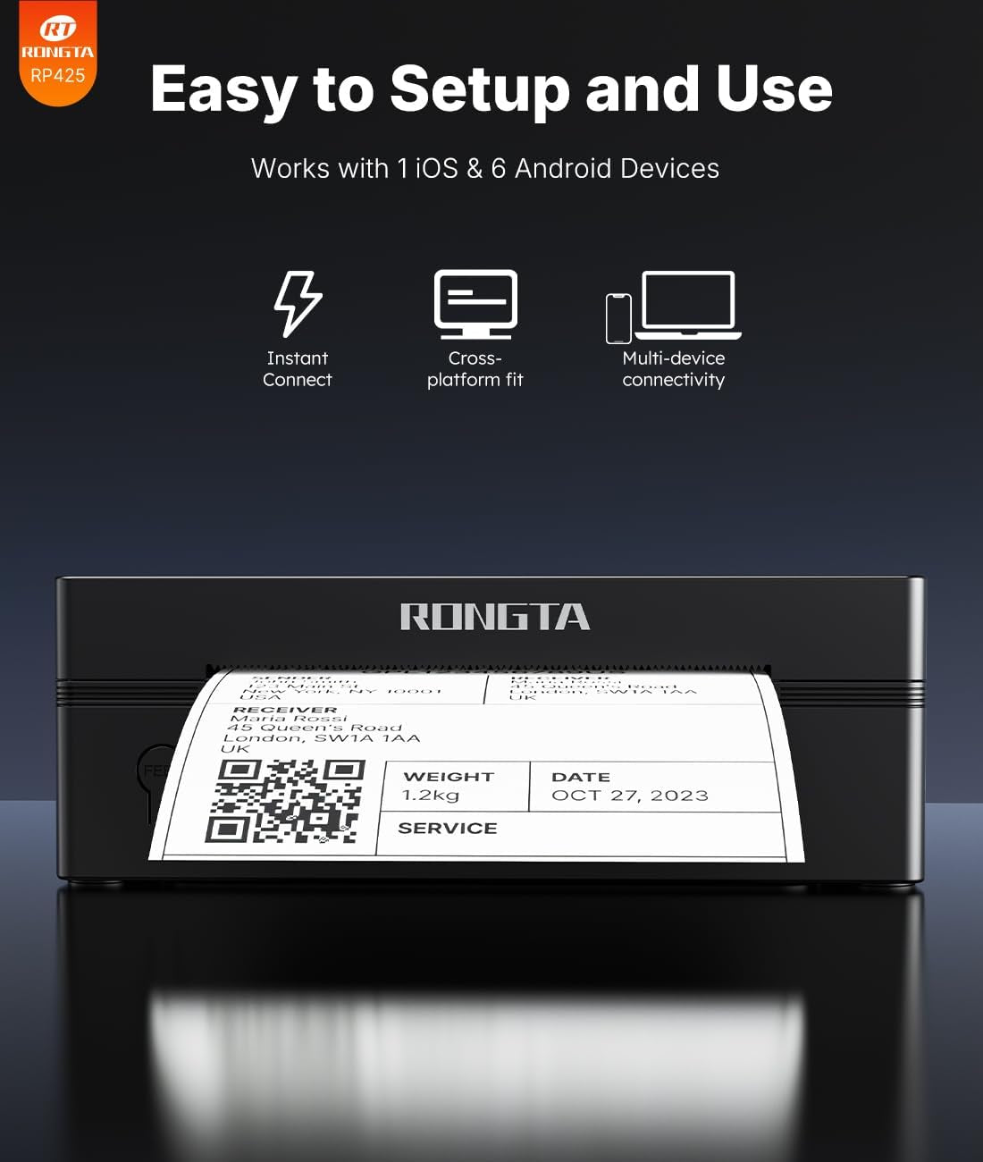 Rongta Bluetooth Shipping Label Printer, Wireless 4X6 Thermal Label Printer for Shipping Packages, Support Android, Iphone, Widely Used for Amazon, Ebay, Shopify, Etsy, UPS, Black