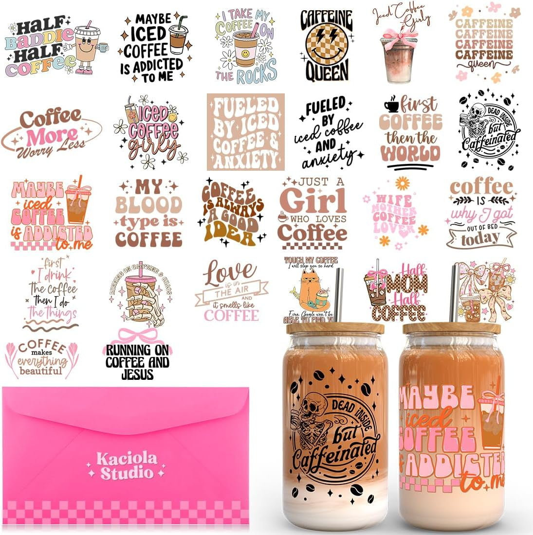 26 Sheets Coffee UV DTF Cup Wrap -Ice Coffee Theme DTF Cup Wraps for 16 Oz Glass Mugs, UV DTF Decals Waterproof Rub on Transfer Stickers DIY Mug Glasses Crafting