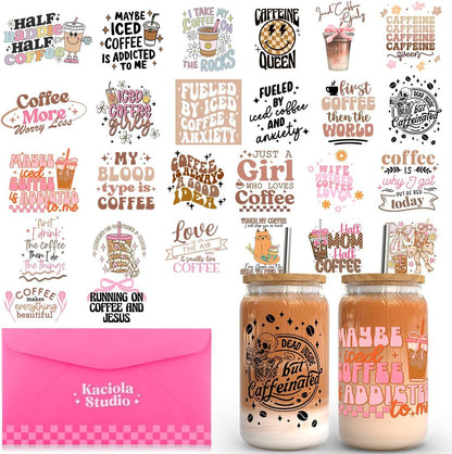 26 Sheets Coffee UV DTF Cup Wrap -Ice Coffee Theme DTF Cup Wraps for 16 Oz Glass Mugs, UV DTF Decals Waterproof Rub on Transfer Stickers DIY Mug Glasses Crafting