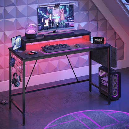 41.7 Inch Gaming Desk with LED Monitor Stand, Storage Pocket, Grid Side Frame, for Gaming Room and Home Office, Carbon Fiber Black
