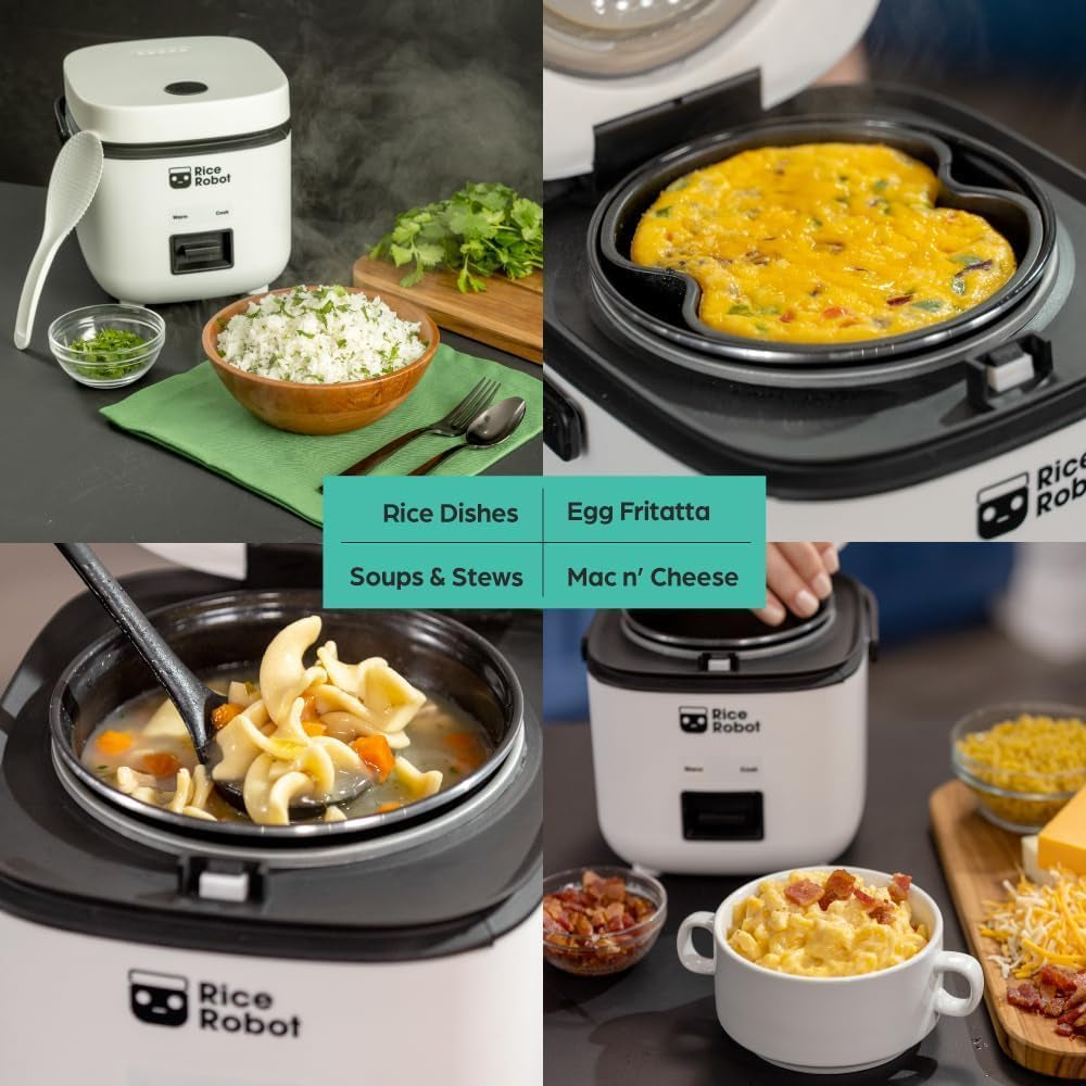 Rice Robot Personal Rice Cooker, Pfas-Free, Nonstick. 1 Quart Capacity, with Stainless Steel Steamer Tray, Measuring Cups, Recipe Book with 60 Recipes, and Serving Spoon, as Seen on TV