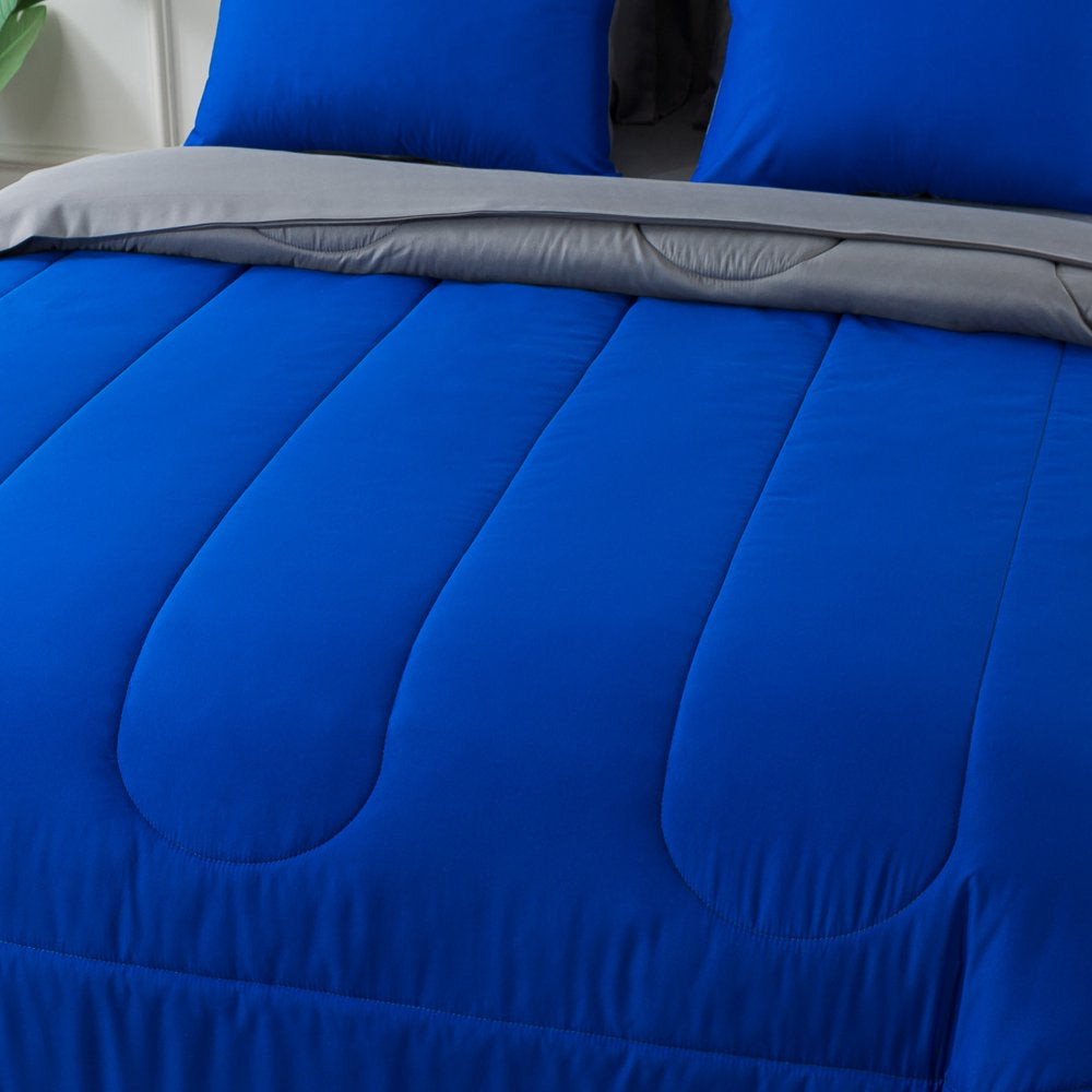 7-Piece Reversible Blue Bed in a Bag Comforter Set with Sheets, Queen