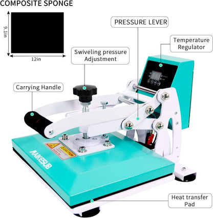 12X10 Inch High Pressure Heat Press Machine for T Shirts Digital Industrial Sublimation Printer for Heat Transfer Vinyl Intelligent Green Press Machine for HTV Heat Transfer Projects