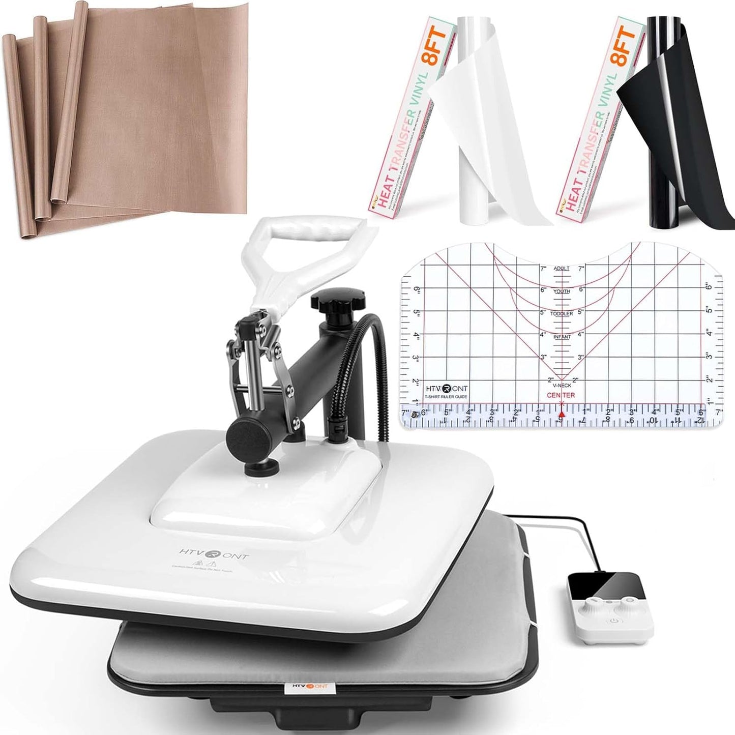 15X15 Heat Press Machine, 3Pcs Teflon Sheets, 2 Rolls HTV Vinyl, Tshirt Ruler Guide