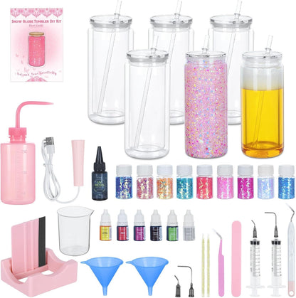 6 Pack 20 Oz Acrylic Snow Globe Tumbler Supplies Starter Kit, Double Wall Plastic Pre-Drilled Snowglobe Tumbler Cup Tool Set, Including Squeeze Bottle Cup Cradle and Scraper Etc.