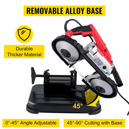 Portable Band Saw, 110V Removable Alloy Steel Base Cordless Band Saw, 5 Inch Cutting Capacity Hand Held Band Saw,Variable Speed Portable Bandsaw, 10Amp Motor Deep Cut Band Saw for Metal Wood