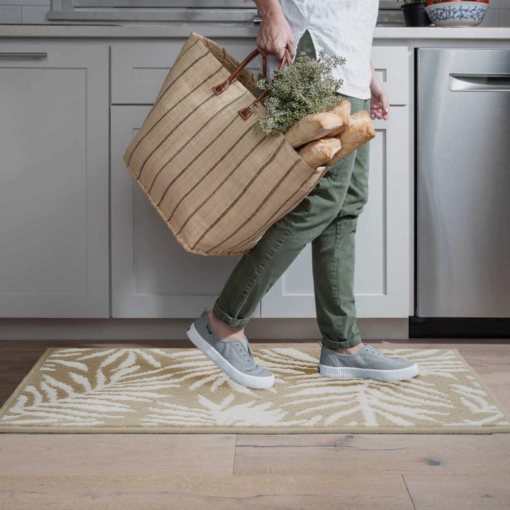 Jacquard High Low Loop Kitchen Mat 18In X 27In Papyrus Beige & Arctic White