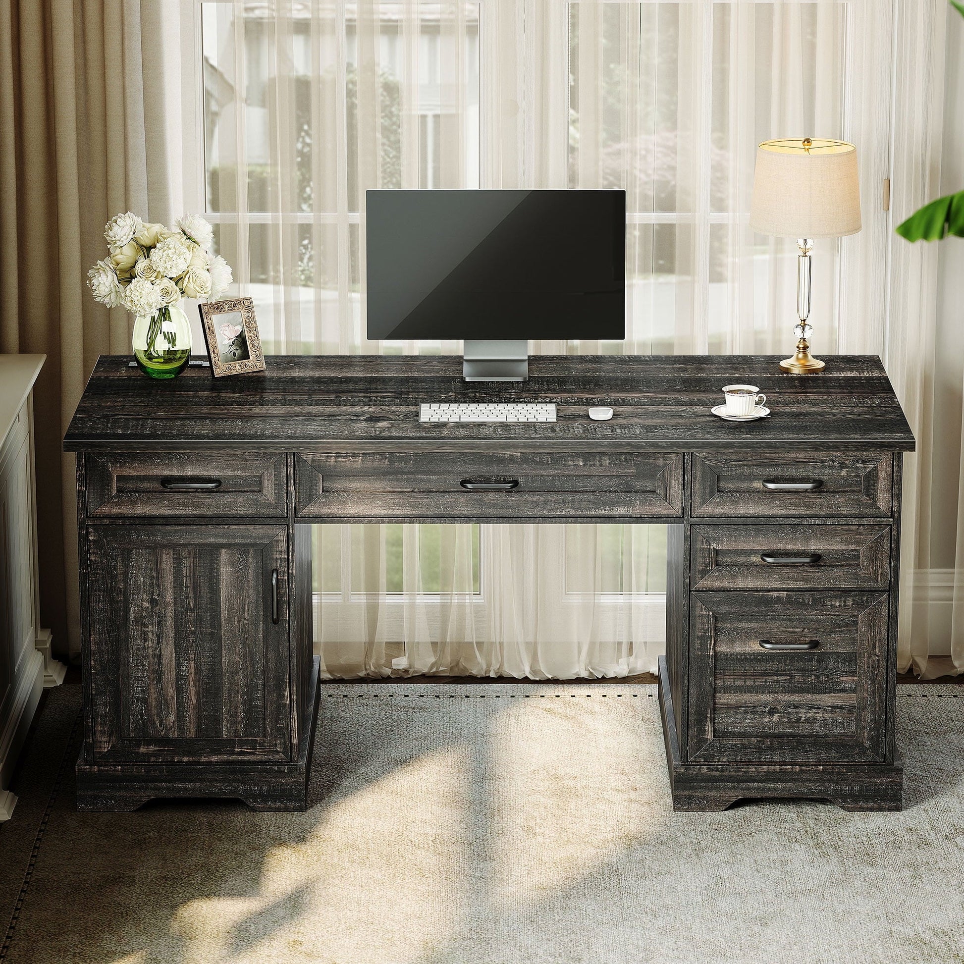 Home Office Desk with File Cabinet and Drawers, 59" Executive Desk with USB Power Outlet, Storage Cabinet for CPU, Workstation Table for Study, Dark Oak