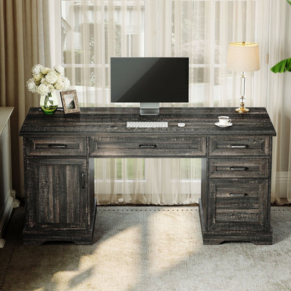 Home Office Desk with File Cabinet and Drawers, 59" Executive Desk with USB Power Outlet, Storage Cabinet for CPU, Workstation Table for Study, Dark Oak