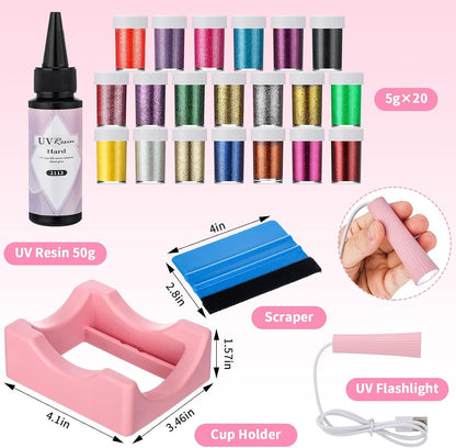 Meanplan 6 Pack DIY Plastic Snow Globe Tumbler Supplies Kit 16Oz Pre Drilled Double Wall Clear Cup 20 Colors Glitter Squeeze Bottle Funnel Tweezer Bent Syringe UV Resin Flashlight Cup Holder Scraper