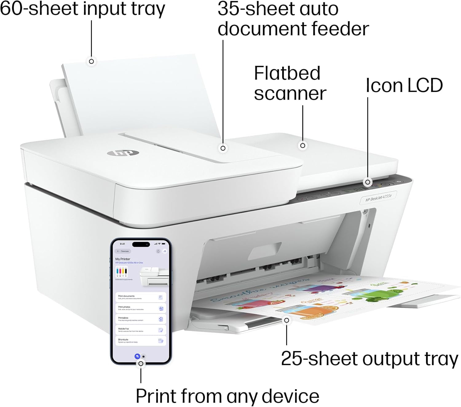 HP Deskjet 4255E Wireless All-In-One Color Inkjet Printer, Scanner, Copier, Best-For-Home, 3 Month Instant Ink Trial Included. This Printer Is Only 2.4 Ghz Capable. Ai-Enabled (588S6A)