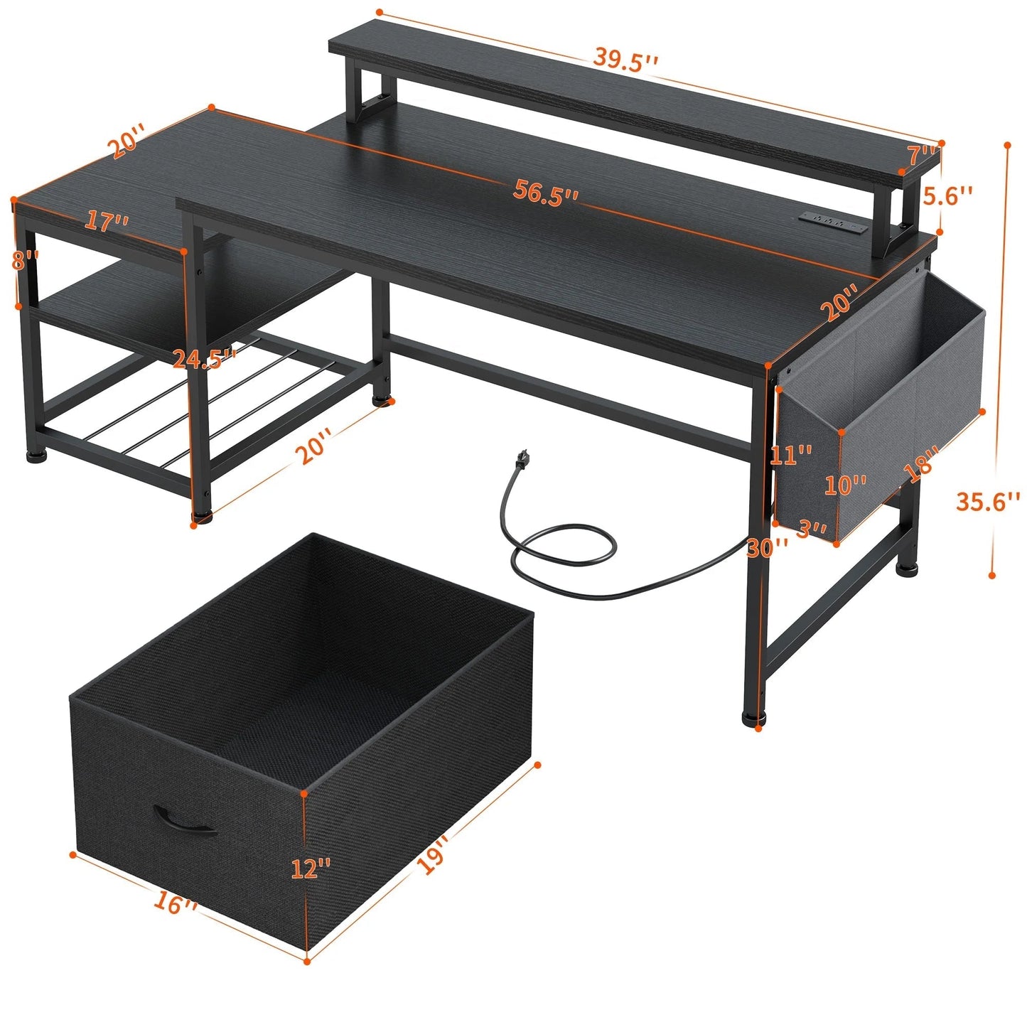 56.5" Computer Desk with Monitor Stand, Office Desk with Fabric File Cabinet, Gaming Computer Desk for Home Office Bedroom, Black
