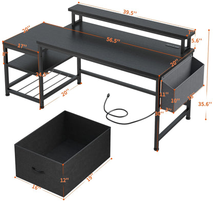 56.5" Computer Desk with Monitor Stand, Office Desk with Fabric File Cabinet, Gaming Computer Desk for Home Office Bedroom, Black