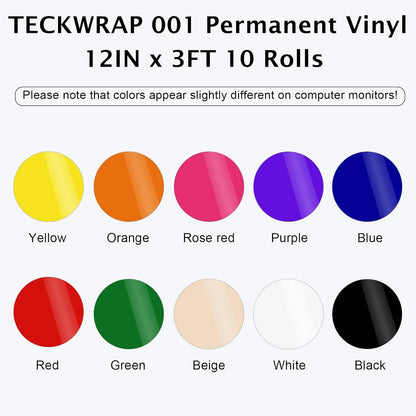001 Glossy Permanent Vinyl - 12In X 3Ft Rolls 10 Colors Adhesive Vinyl for Cricut, Silhouette, Cameo Cutters, Signs, Scrap-Booking, Craft Cutters