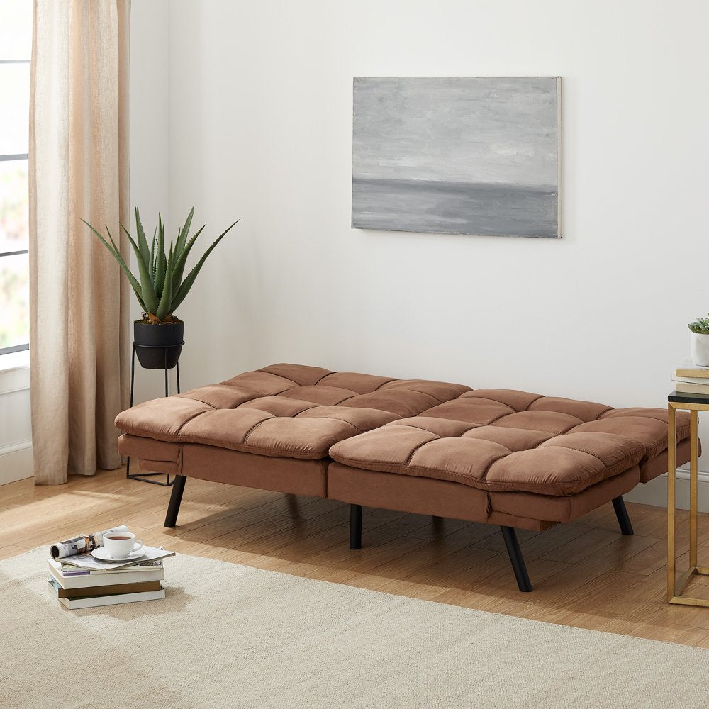 Memory Foam Futon with Adjustable Armrests , Camel Faux Suede Fabric for Adults