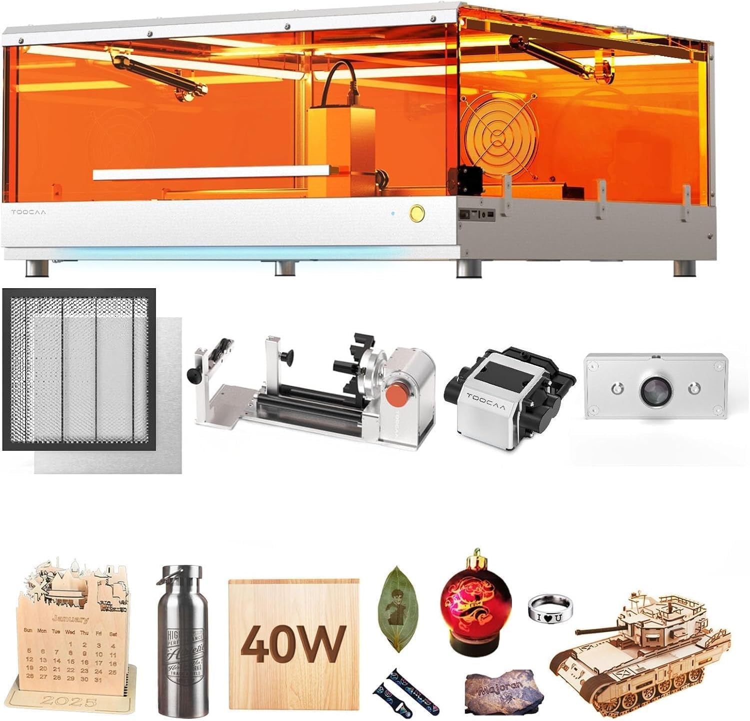 TOOCAA 40W Laser Engraver and Cutter Machine with 5 in 1 Rotary Roller Set,Smart Camera,Air Assist,Honeycomb Panel, 22" X 22" Bed Size Enclosed Laser Engraver Cutting Machine for Tumblers Wood Metal