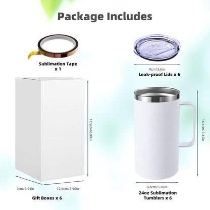 Colorsub 24Oz Sublimation Coffee Mugs with Handle Straight Matte Travel Coffee Cups Insulated Stainless Steel Tumblers with Gift Box, Heat Tape for Hot Cold Drinks, 6 Pack