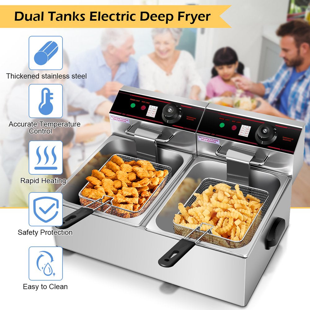 3400W Electric Countertop Deep Fryer Dual Tank Commercial Restaurant Steel