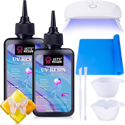 LET'S RESIN UV Resin with Light,Upgraded 200G Crystal Clear&Low Odor,Uv Light,Silicone Mat,Ultraviolet Epoxy Resin Hard, Starter Kit for Jewelry,Craft Decor, Keychain Making