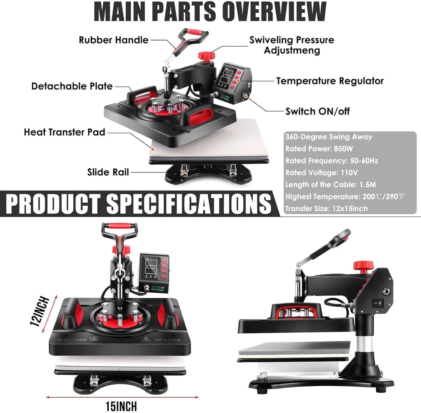 Adnoom 8 in 1 Heat Press Machine 15"X12" with LCD Control Panel, Full 360°Swing Away Heat Press Machine with Multi-Spring Pressure Knob, Sublimation Vinyl Digital Heat Press for Tshirt,Cap,Mug