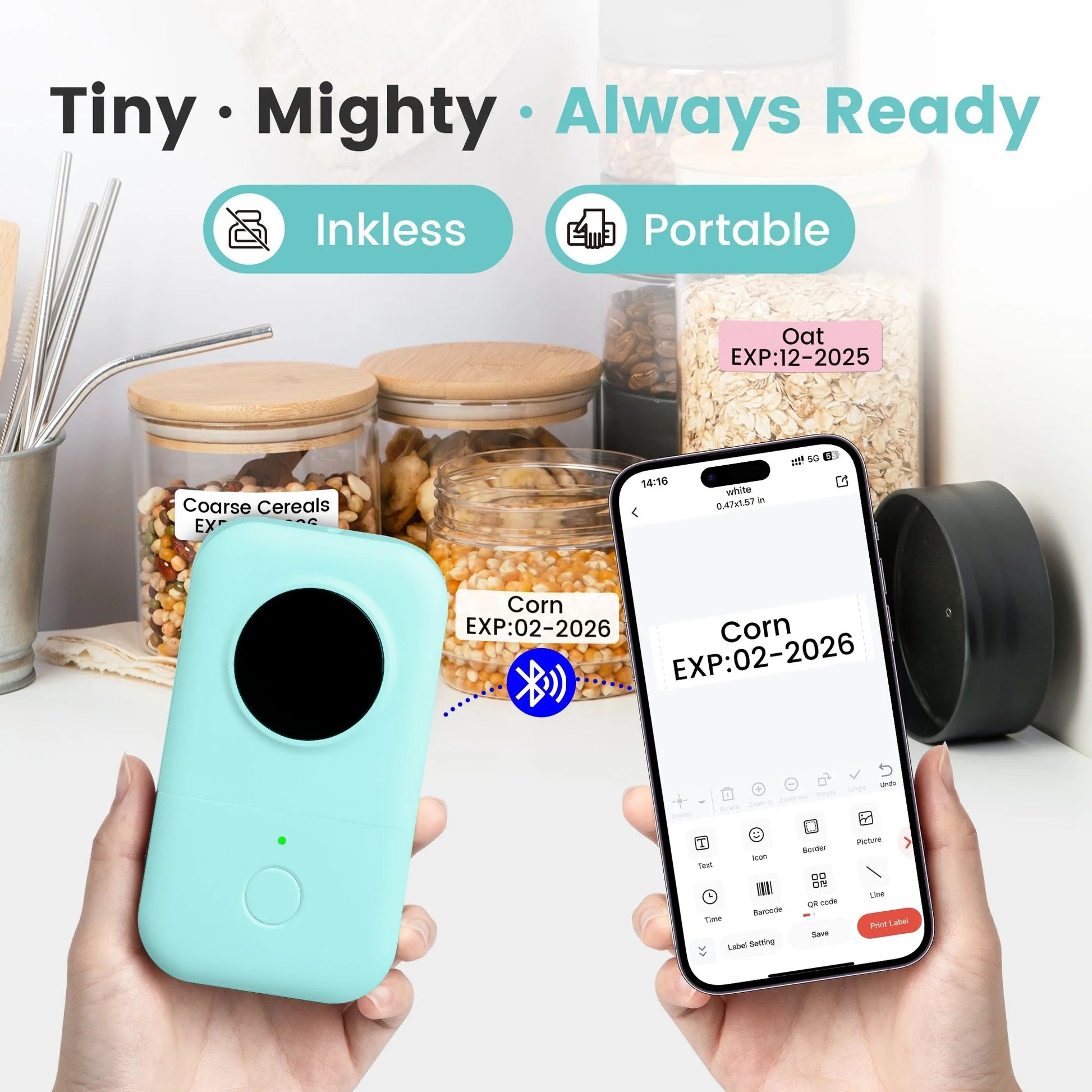 D30 Thermal Label Printer, Bluetooth Wireless Mini Pocket Smartphone Label Maker Machine with Tape, Compatible with Ios/Android, for Home, Office, and Supermarket(Gn)