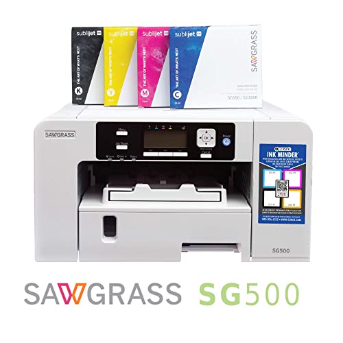 Sawgrass SG500 Sublimation Printer with SubliJet UHD Standard Kit Bundle for Sublimation Blank Printing. Includes Samples, Subli Ink, Heat Tape & Dispenser, Beginners Guide, & Paper.