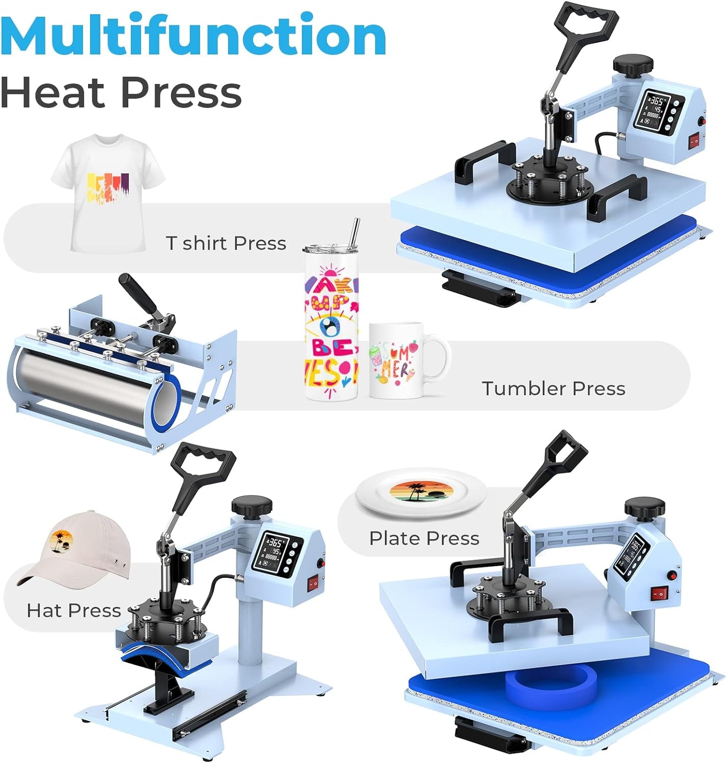 Pro 15X15 Heat Press with 30 OZ Tumbler Attachment, 8In1 Combo Tumbler Heat Press for T-Shirts, Tumblers Glass Cans Mugs Hats, and Plates