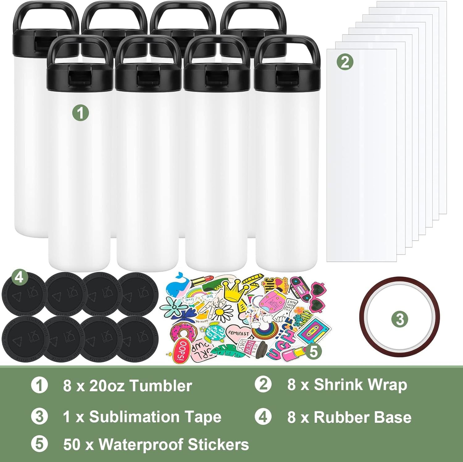 8 Pack 20Oz Sublimation Tumbler Set Triple-Insulated Stainless Steel Sports Water Bottle with Straw Lid Blank Sublimation Cup with DIY Stickers, Shrink Wrap, Rubber Base, Heat Tape for Heat Transfer