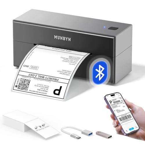 MUNBYN Bluetooth Thermal Label Printer, 4x6 Shipping Label Printer for Shipping Packages, Compatible with iOS, Android, PC, Mac, Chrome OS, Etsy, Ebay, Shopify, Amazon, USPS and More