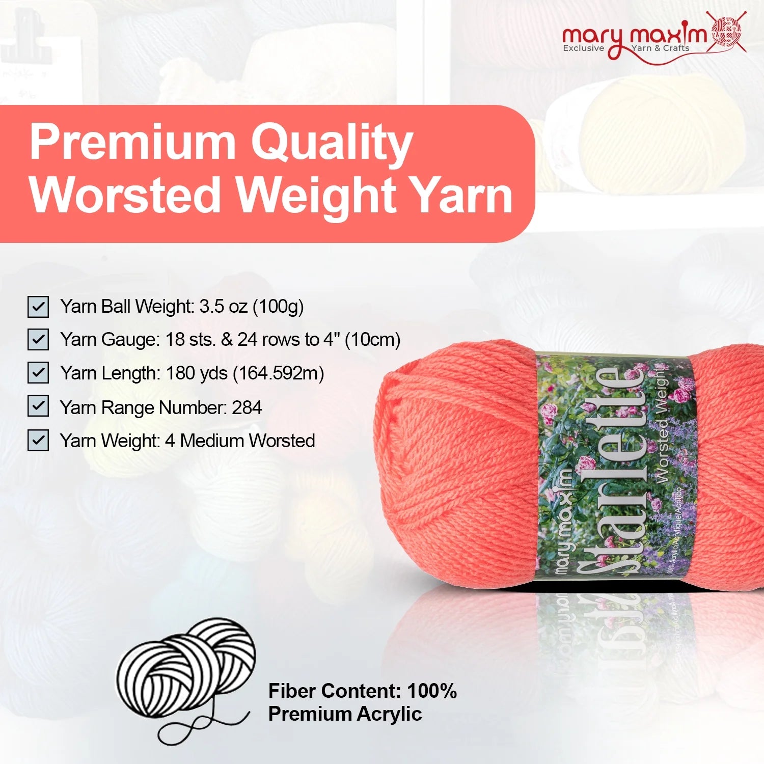 Mary Maxim Starlette Crochet and Knitting Yarn - Acrylic Worsted Weight Yarn 4, Coral