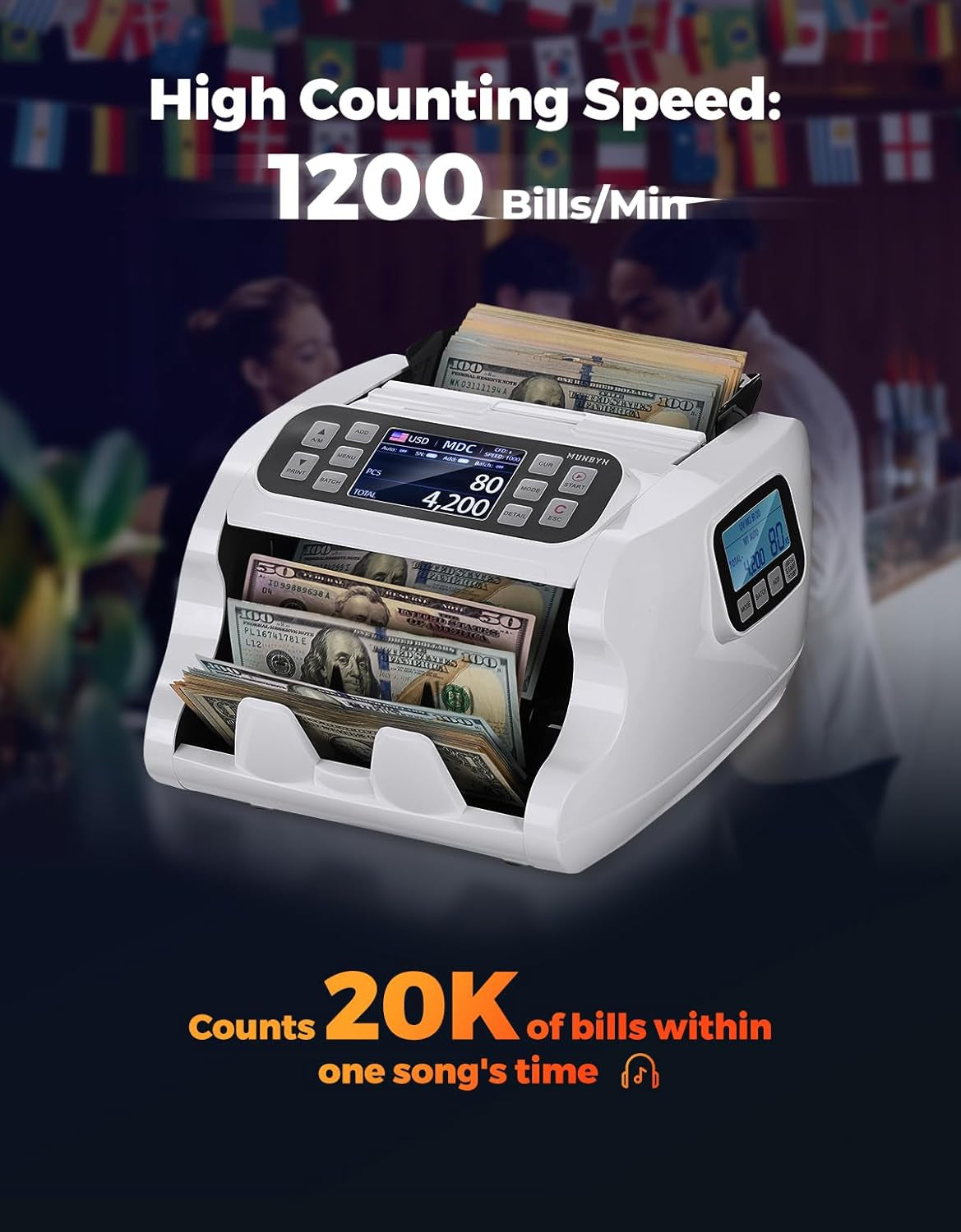 MUNBYN IMC22 Money Counter Machine Mixed Denomination, Dual-Display, CIS/UV/IR/MG Counterfeit Detection Bill Counter, USD, MXN, COP, CAD Cash Counter for Business, Merchant, 2Y Protect (White)