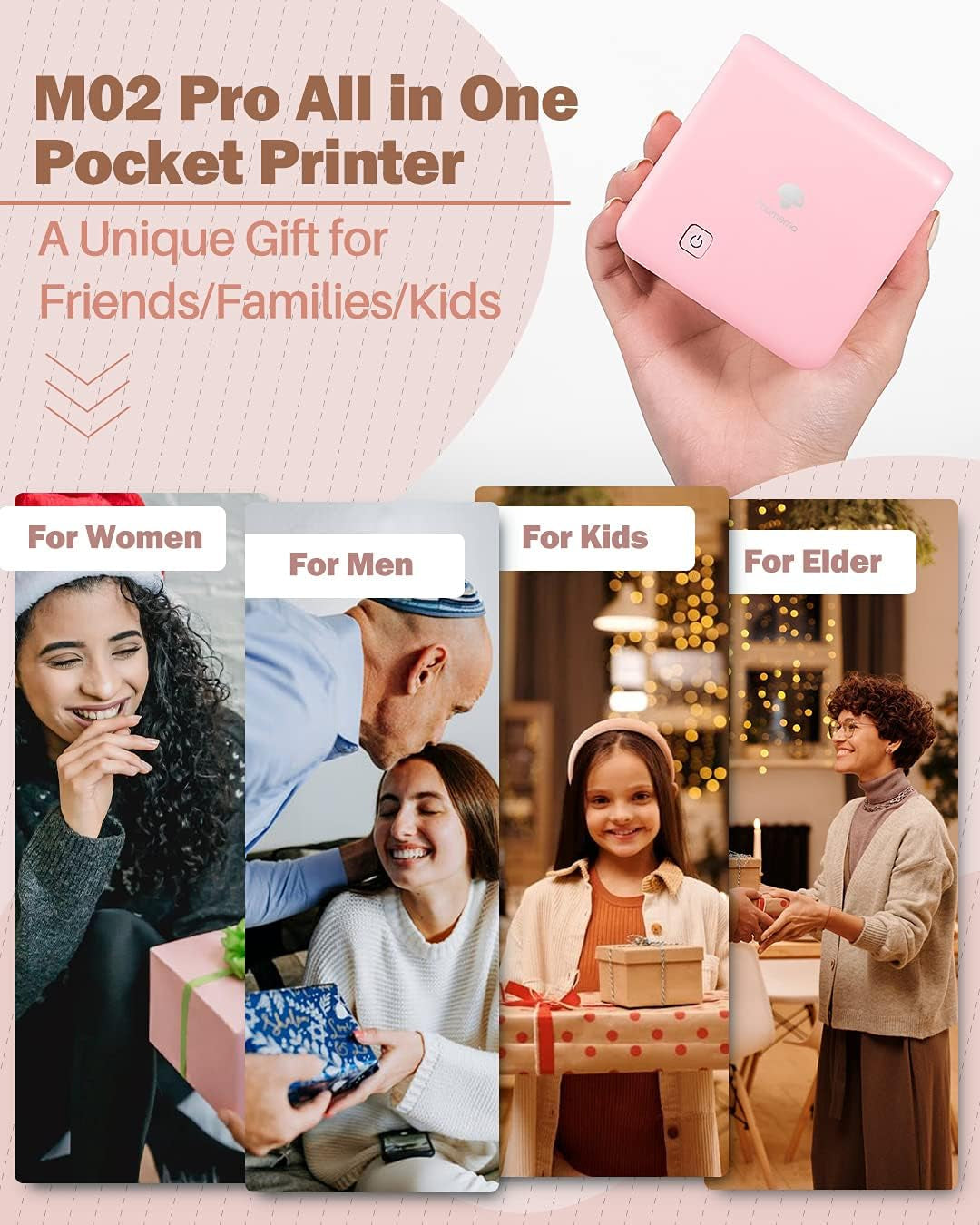 Phomemo Mini Sticker Printer - Print Pods M02 Pro 300Dpi Mini Pocket Printer, Sticker Printer Maker Thermal Label Machine for Photo Printing, Diys, Study Notes, Travel, Work and Study, Gift, Pink