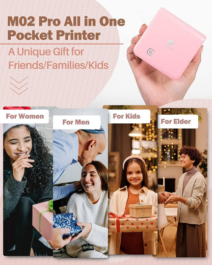 Phomemo Mini Sticker Printer - Print Pods M02 Pro 300Dpi Mini Pocket Printer, Sticker Printer Maker Thermal Label Machine for Photo Printing, Diys, Study Notes, Travel, Work and Study, Gift, Pink