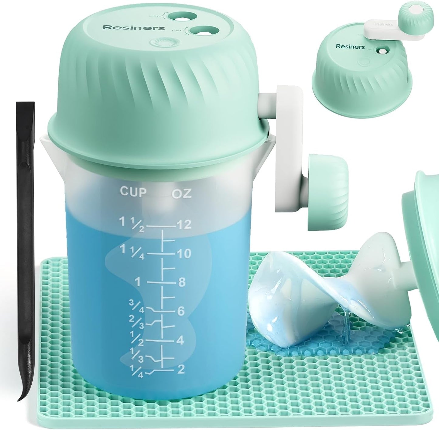Resin Mixer, Hand-Crank Epoxy Mixer Paddle Silicone Mat Mixing Cup Kit, 3 Speeds Adjustable, Minimum Bubbles, Easy Clean, Epoxy Resin Stirrer Sticks Tool Supplies for Mold Casting, DIY Crafts
