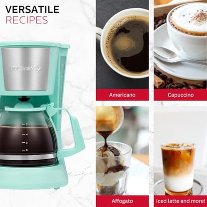 Holstein Housewares - 5 Cup Drip Coffee Maker - Convenient and User Friendly with Permanent Filter, Borosilicate Glass Carafe, Water Level Indicator, Auto Pause /Serve and Keep Warm Functions, Teal