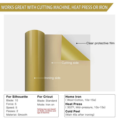 12" X 25FT Gold HTV Vinyl Iron on Heat Transfer Vinyl for Cricut & All Cutter Machine