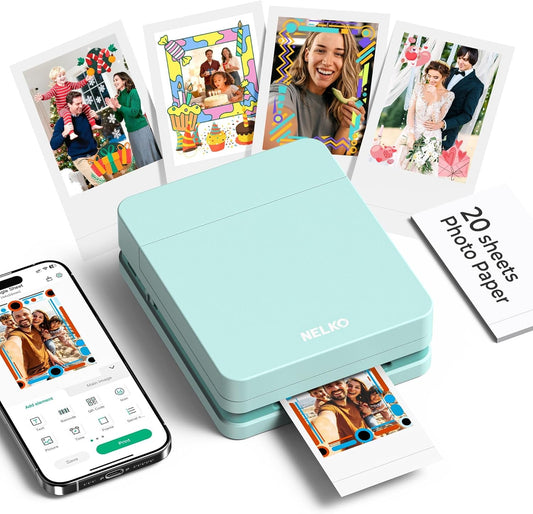 Nelko Photo Printer, PP01 Color Mini Portable Printer, Instant Smartphone Inkjet Printer, Sticky-Back Rechargeable Portable Picture Printer for Ios & Android, for Christmas Family, Green