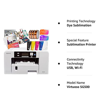 Sawgrass UHD Virtuoso SG500 Sublimation Color Printer Starter Bundle with Paper, Inks, Tape, Blanks, Designs