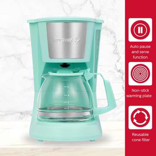 Holstein Housewares - 5 Cup Drip Coffee Maker - Convenient and User Friendly with Permanent Filter, Borosilicate Glass Carafe, Water Level Indicator, Auto Pause /Serve and Keep Warm Functions, Teal