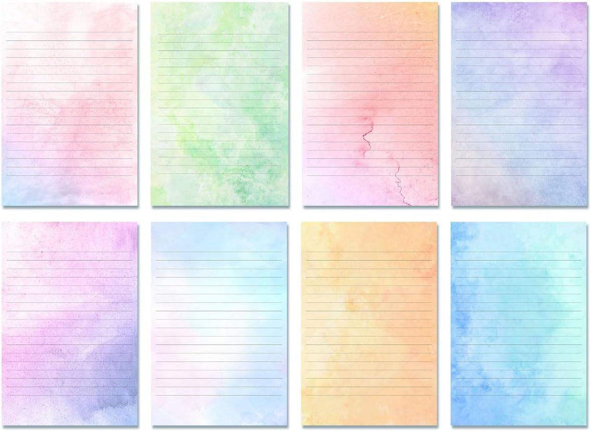 72 Pieces Stationery Set with Envelopes (48 Lined Watercolor Sheets + 24 Matching Envelopes), 8 Unique Designs, 5.5 X 8.25 Inch Double Sided Printing Stationery Paper for Letter Writing