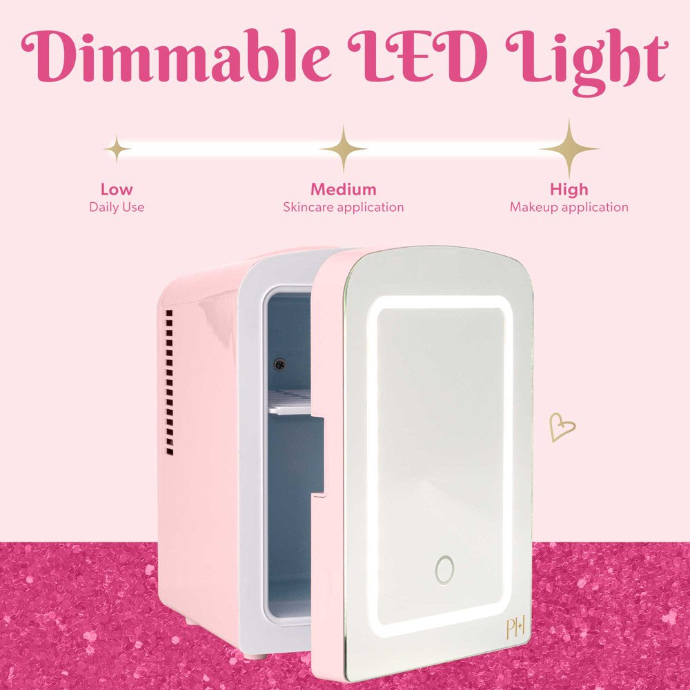 Mini Refrigerator and Personal Beauty Fridge, Mirrored Door with Light, 4 Liter, Pink