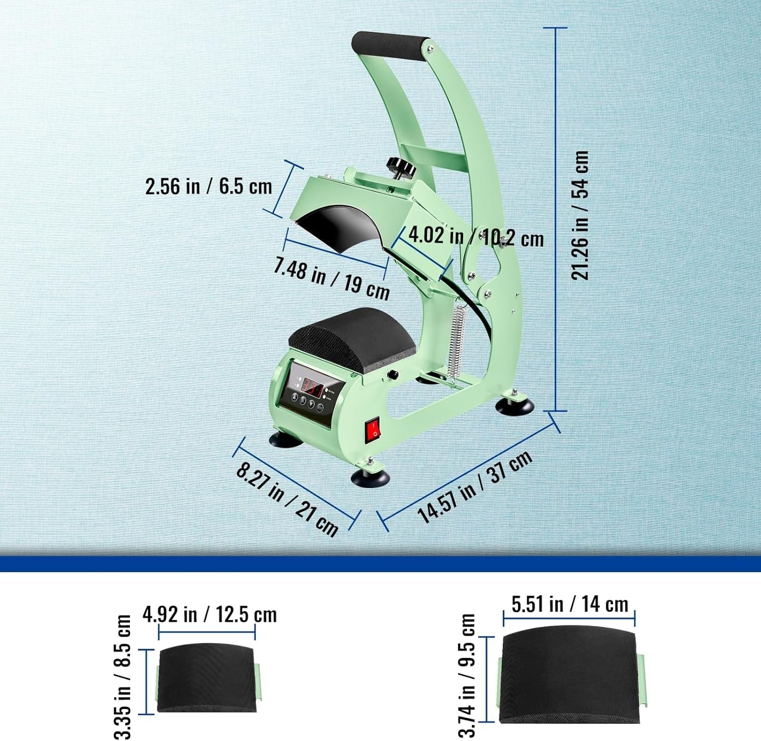 Heat Press Machine for Hats with 2Pcs Interchangeable Heating Platens(5.5"X3.8", 5"X3.4"), Curved Element Press Clamshell, LCD Digital Timer Temperature Control for HTV and Sublimation-Green