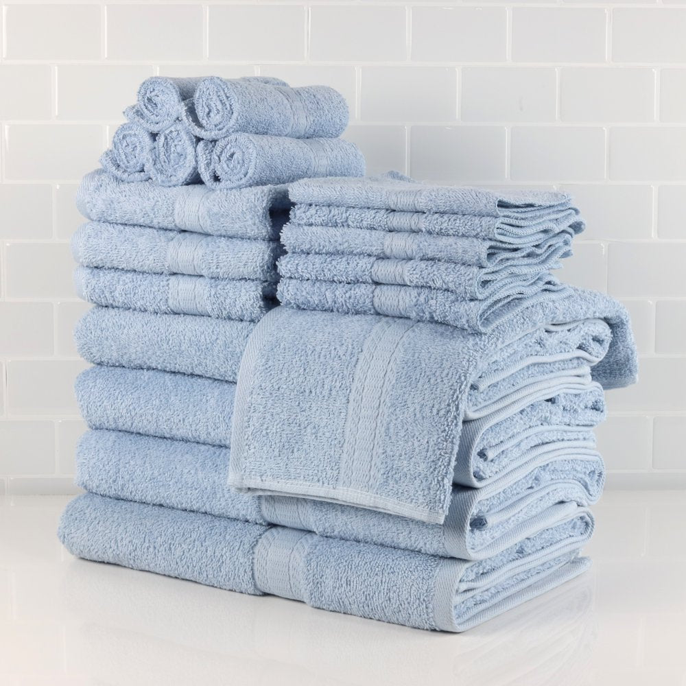 Basic Solid 18-Piece Bath Towel Set Collection, Blue Shell